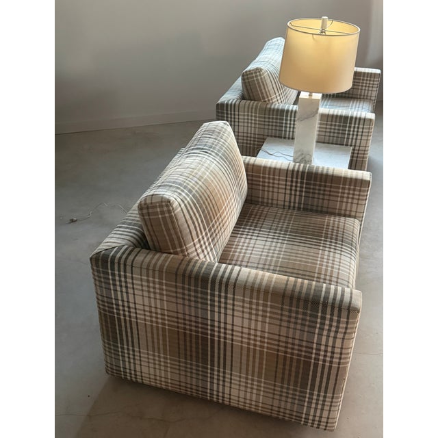 Textile Re-Upholstered Plaid Cube Lounge Chairs, a Pair For Sale - Image 7 of 18