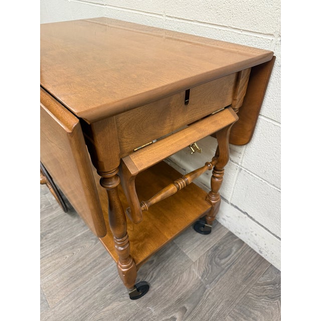 Wood Vintage Ethan Allen Baumritter Solid Maple Drop Leaf Tea Cart For Sale - Image 7 of 16