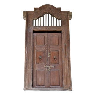 115" Tall Antique Teak Front Door With Arched Transom | 1800s Indian Architectural Salvage | Moorish Mediterranean Exterior Entryway Upgrade For Sale