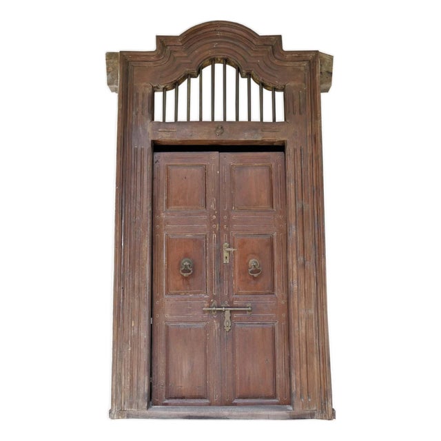 115" Tall Antique Teak Front Door With Arched Transom | 1800s Indian Architectural Salvage | Moorish Mediterranean Exterior Entryway Upgrade For Sale