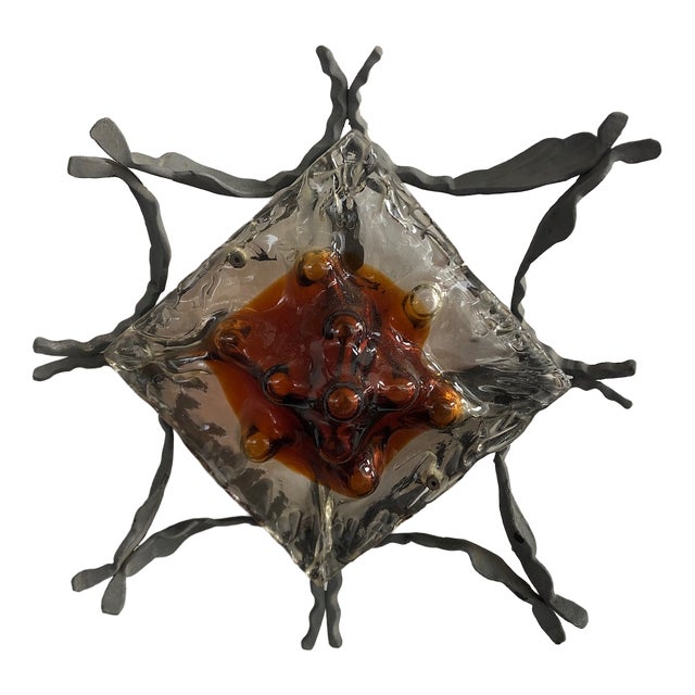 Vintage Wall Lamp with Iron Base and Glass Lampshade in the style of Mazzega, 1970s For Sale