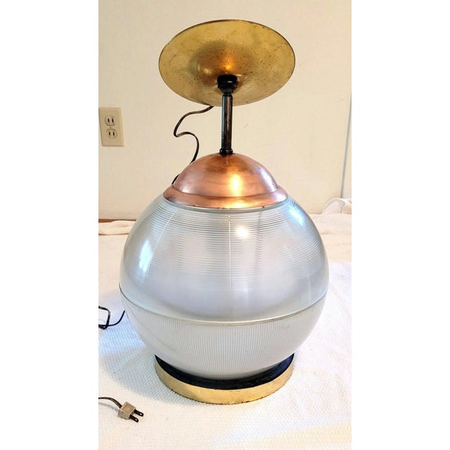 Vintage industrial Holophane globe pendant chandelier from Paris, France circa 1950's-60's. Large, bi-textured glass shade...