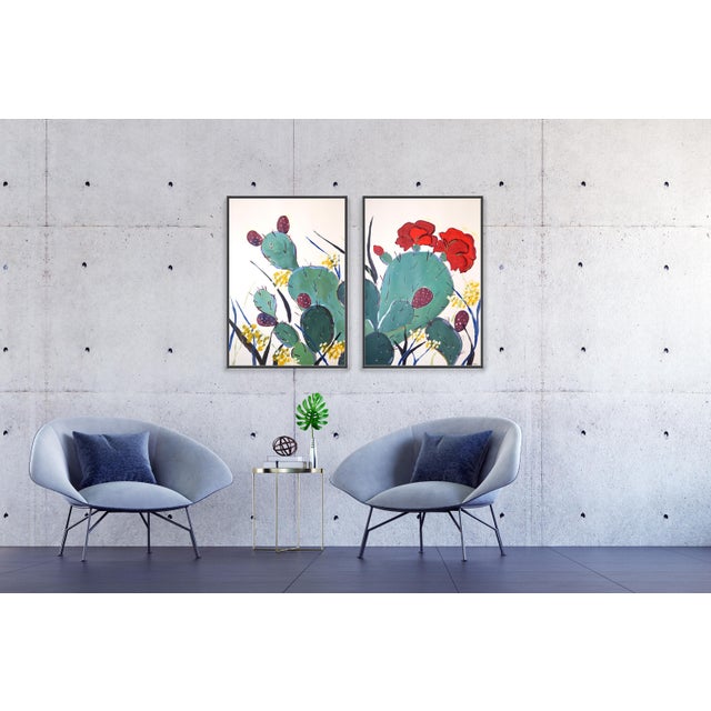 Paper Prickly Pear Cactus, Illustration Style Diptych, Desert Landscape, Large Diptych, Original Painting on Watercolor Paper by Romina Milano For Sale - Image 7 of 10