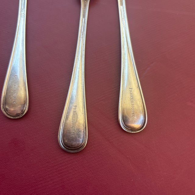 Art Deco Circa 1930s Reed & Barton Triplex Hotel Ware Silver Plate Trident Oyster Forks Set of 3 From the Parker House Hotel in Boston For Sale - Image 3 of 8