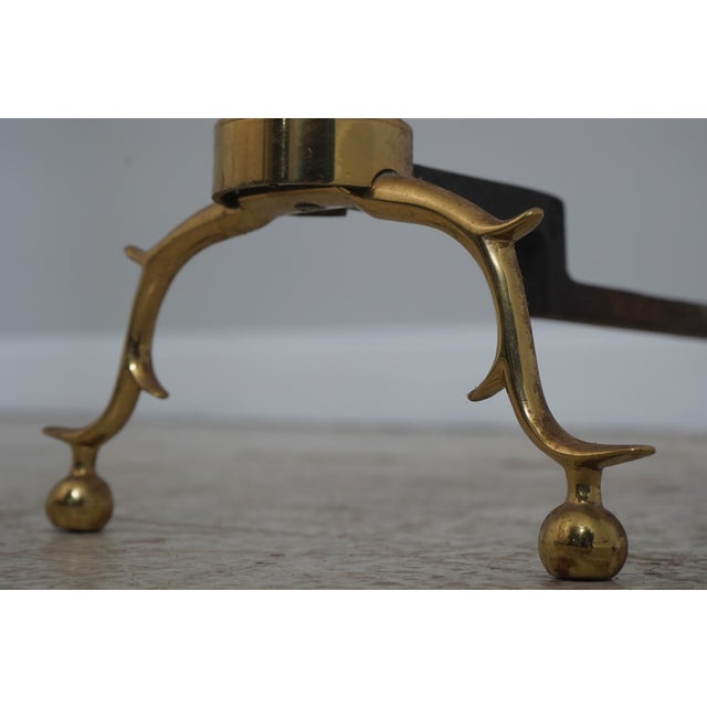1970s Pair Virginia Metalcrafters Colonial Style Brass Fireplace Andirons For Sale - Image 5 of 13
