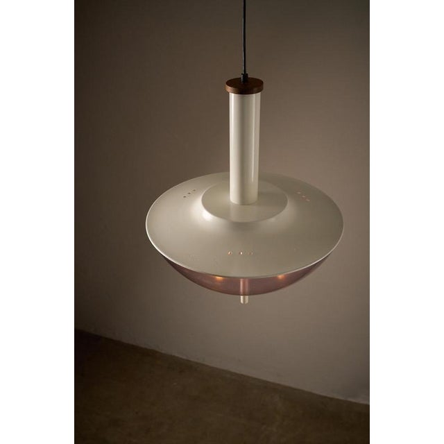 Metal Space Age UFO Pendant with Purple Acrylic Dome and Teak Detail, 1970s For Sale - Image 7 of 8