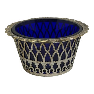 Mid 20th Century Cobalt Blue Silver Plate Filigree Condiment Bowl For Sale
