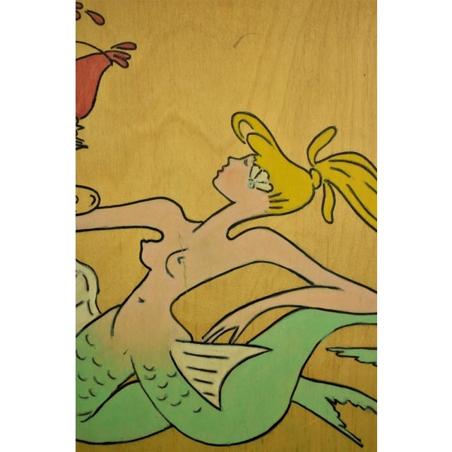 Mid 20th Century Hand-Painted 'Toasting Mermaids' on Oak Plaque For Sale - Image 4 of 6