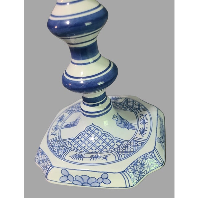 Traditional Vintage Pair of Delft Royal Goedewoagen Blue & White Candlesticks Holland For Sale - Image 3 of 9