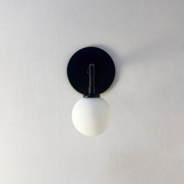 Metal Pair of Small Bent Arm Sconces by Research.Lighting, Black, Glass, Mid Century Modern For Sale - Image 7 of 11