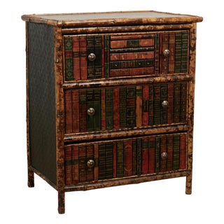Antique English Bamboo Leather Top Faux Book Chest of Drawers For Sale