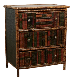 Antique English Bamboo Leather Top Faux Book Chest of Drawers