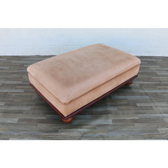 Oversized Vintage Ralph Lauren Tan Leather & Wood Ottoman With Bun Feet For Sale - Image 11 of 18