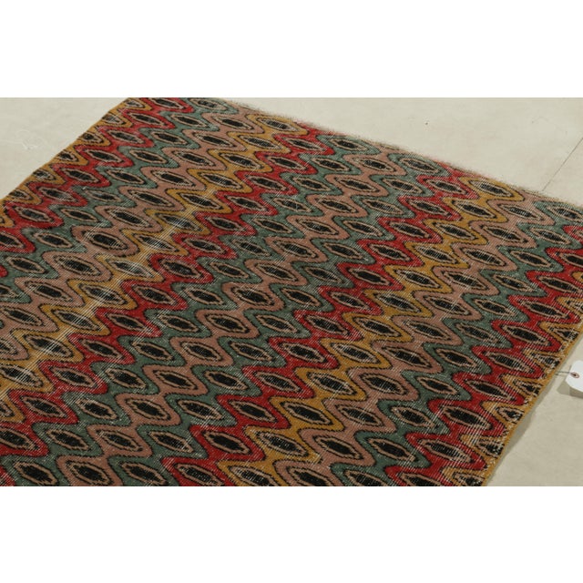 1960s Vintage Distressed Zeki Müren Rug in Red, Gold, Blue, Pink Retro Pattern For Sale In New York - Image 6 of 7