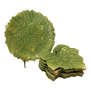 Vintage Fitz Floyd Majolica Green Cabbage Leaf Serving Platter Plates-Set of 7 For Sale