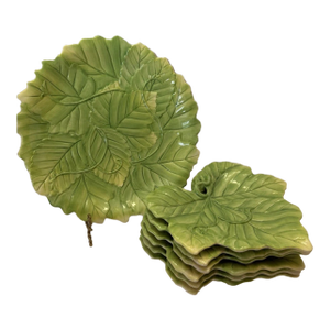 Vintage Fitz Floyd Majolica Green Cabbage Leaf Serving Platter Plates-Set of 7