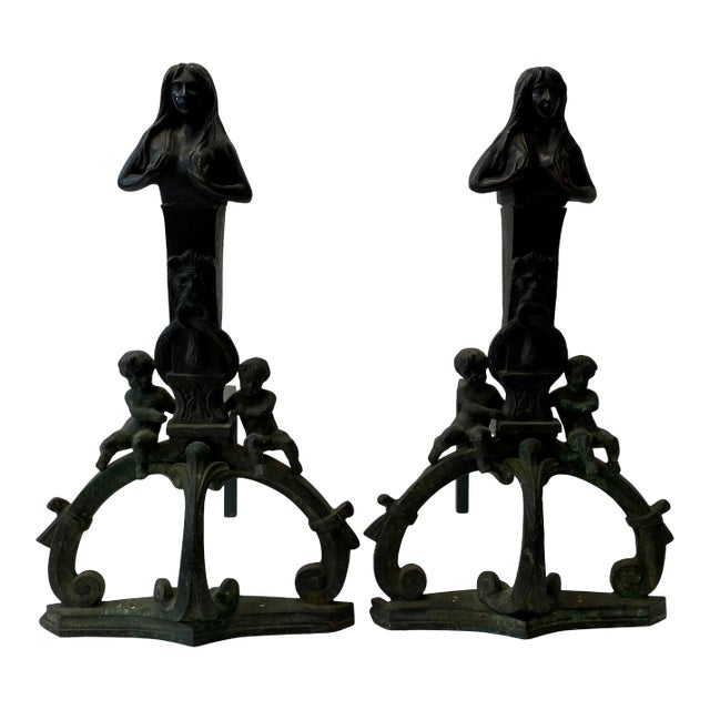 Mid 19th Century Cast Iron Figural Nude, Cherub and Lions Head Andirons For Sale