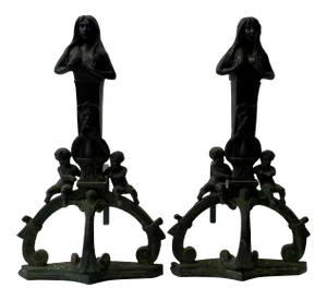 Mid 19th Century Cast Iron Figural Nude, Cherub and Lions Head Andirons