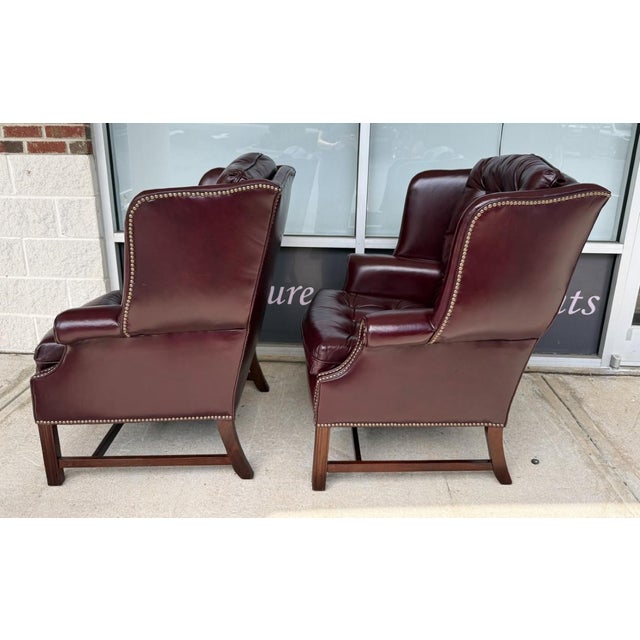 Pair of Vintage Maroon Leather Wingback Chairs by Classic Leather For Sale - Image 4 of 17
