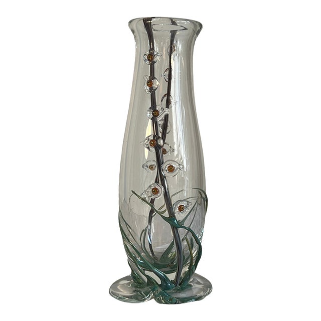Art Glass Vase With Textural Applied Floral Grass Design For Sale