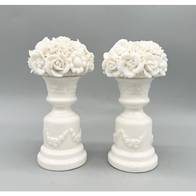 Rustic European Vintage White Porcelain Floral Topiary Urn Candlestick Holders – Romantic Neoclassical / Cottagecore - Flower Bouquet For Sale - Image 3 of 11