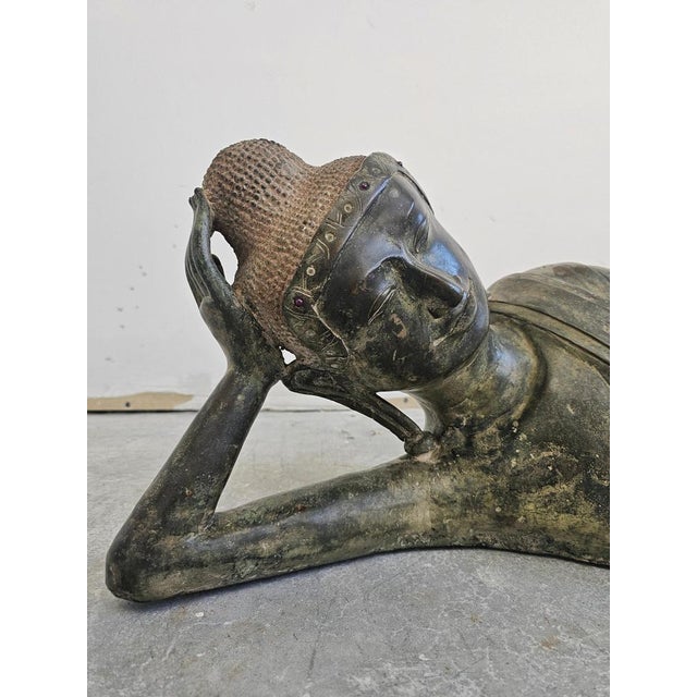 Gray Large Antique Sculpture of Resting Buddah Done in Bronze For Sale - Image 8 of 18