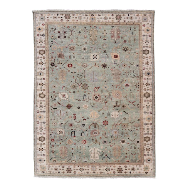 Hand-Knotted Wool Oushak Rug in Turquoise Green and Multi Colors 10' X 13'6 For Sale
