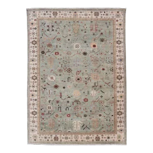 Hand-Knotted Wool Oushak Rug in Turquoise Green and Multi Colors 10' X 13'6