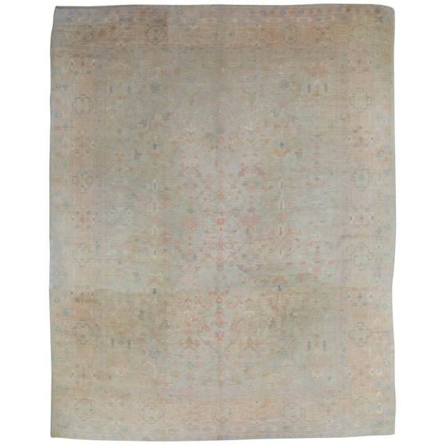 Antique Oushak Carpet, Oriental Rug, Handmade Pale Green, Soft Pink and Ivory For Sale - Image 9 of 18