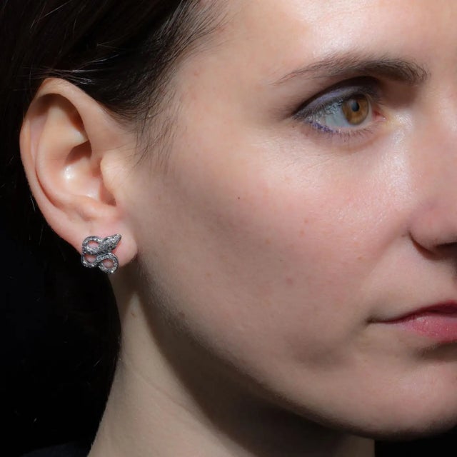 Pave Set Diamond and Sterling Silver Snake Post Earrings For Sale - Image 4 of 4