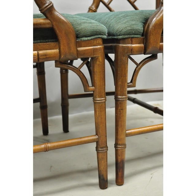 Vintage Chinese Chippendale Faux Bamboo Wood Fretwork Dining Arm Chairs - A Pair For Sale - Image 10 of 14