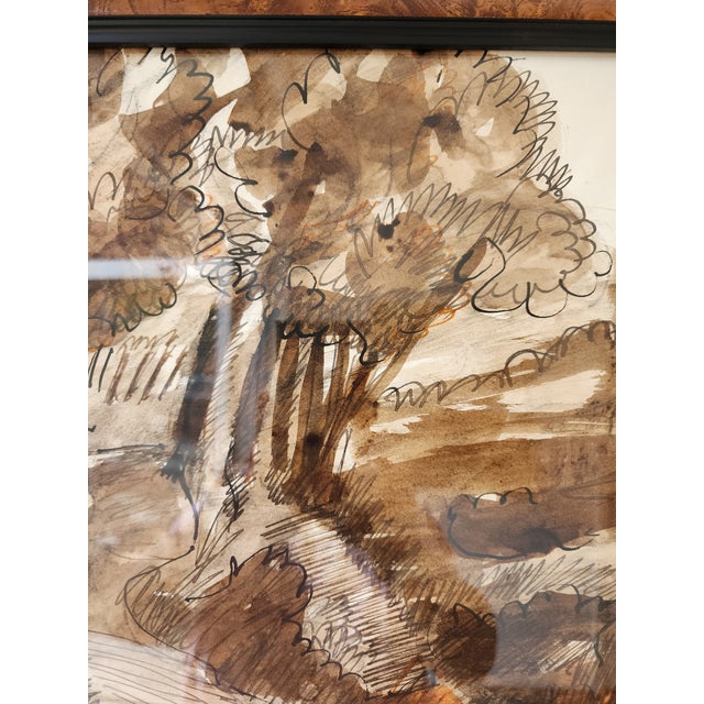 Brown William Lyberis Signed Mid-Century Sepia Watercolor Landscape Painting For Sale - Image 8 of 17
