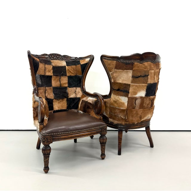 Vintage Carved Wood Patchwork Cowhide Wingback Chairs - Pair For Sale - Image 9 of 9