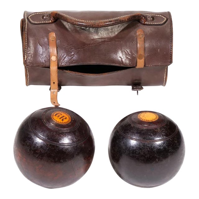 Antique Lignum Vitae Bocce Lawn Bowling Balls & Leather Carrying Case--a Pair For Sale