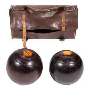 Antique Lignum Vitae Bocce Lawn Bowling Balls & Leather Carrying Case--a Pair