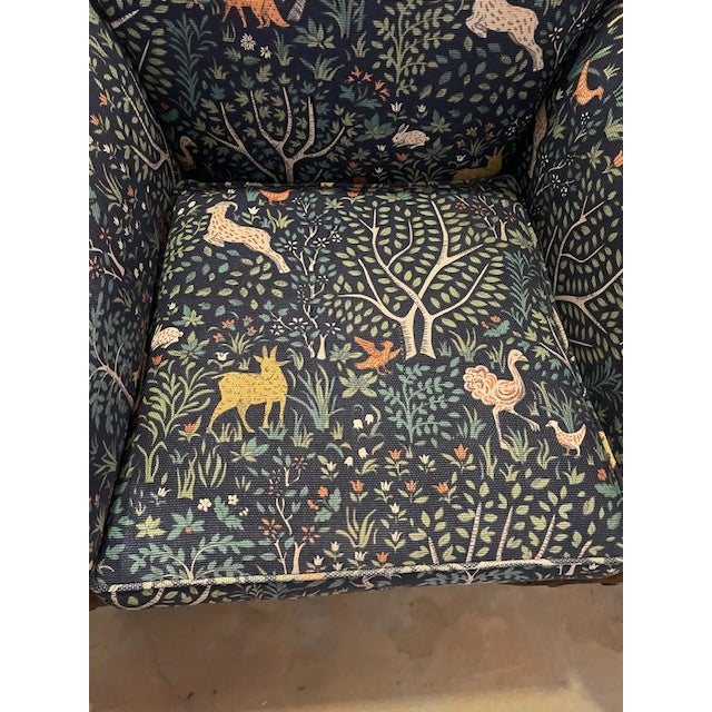 Vintage Set of 2 Arm Chairs With Wood Faces Surround Upholstered in Robert Allen Folkland Admiral Fabric For Sale - Image 12 of 12