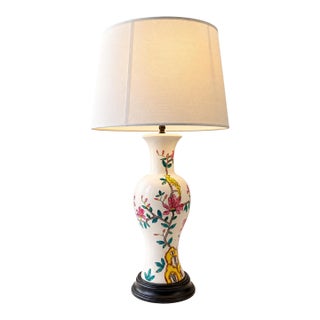 Vintage Floral Ceramic Table Lamp, White Hand-Painted Flower Motif, Traditional Cottage Style, 29” Tall, Decorative Accent Lamp For Sale