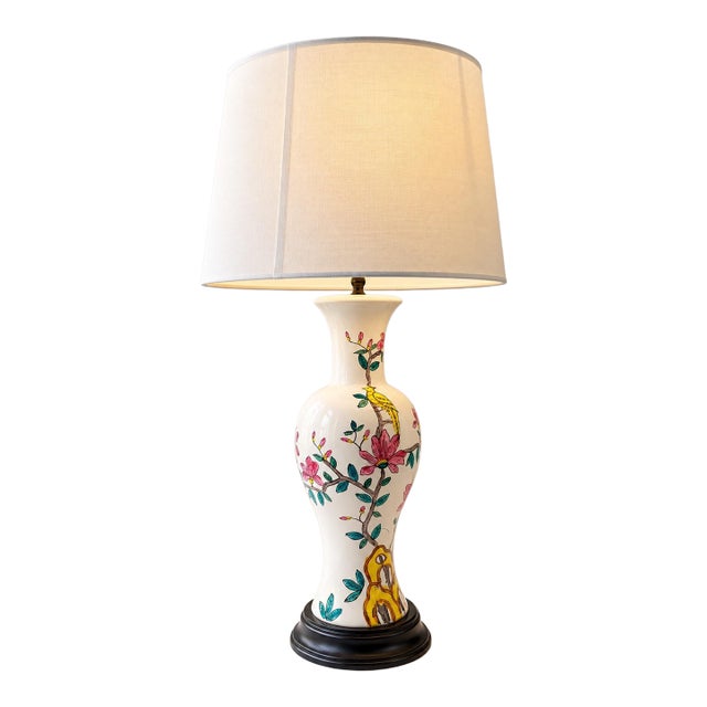 Vintage Floral Ceramic Table Lamp, White Hand-Painted Flower Motif, Traditional Cottage Style, 29” Tall, Decorative Accent Lamp For Sale