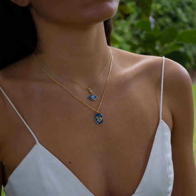 Guardian Snake Blue Enamel Gold Necklace For Sale - Image 9 of 10