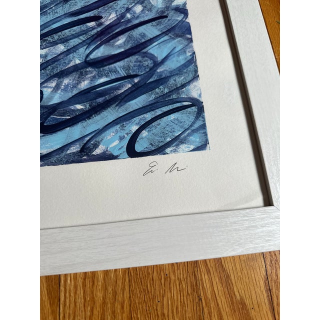 Abstract Erin Simon Original “Pivot” in Navy Blue With Sky on Paper Framed For Sale - Image 3 of 6