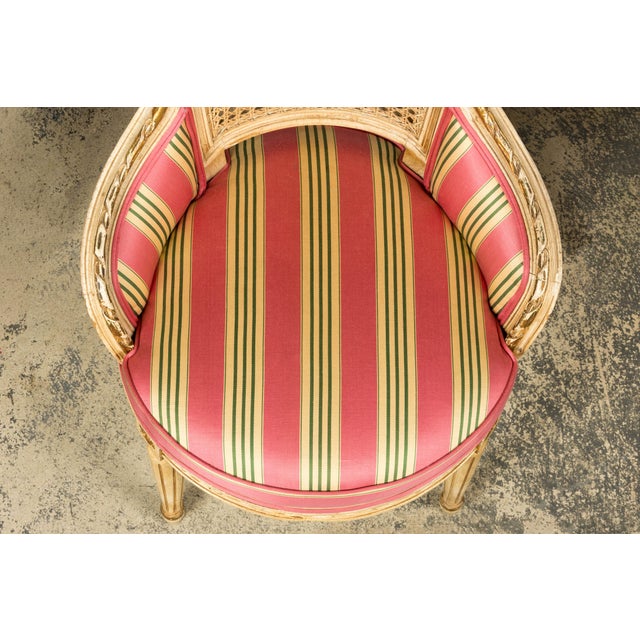 Early 20th Century Set of 6 Early 20th Century French Louis XVI Cane Dining Armchairs in Pink Stripe For Sale - Image 5 of 18