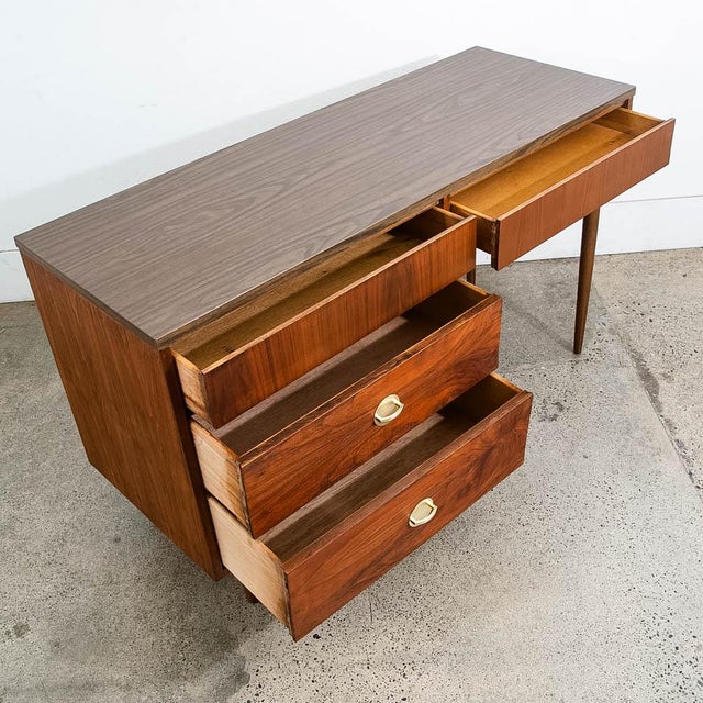 1960s Mid Century Modern Desk Walnut Executive Office 4 Drawer Vintage Brass Restored For Sale In Sacramento - Image 6 of 10