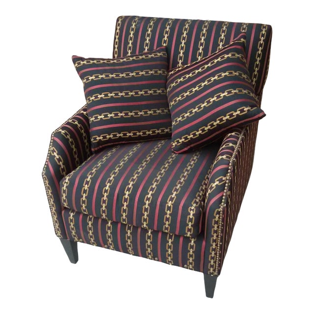 Rene Cazares Jorge Upholstered Chair W/ Brass Nailhead Trim - Black, Red & Gold Chain Stripes For Sale