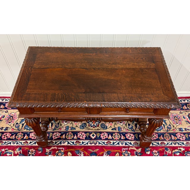 Antique French Henri II Style Writing Desk Table Drawers Oak C. 1930s For Sale - Image 13 of 18