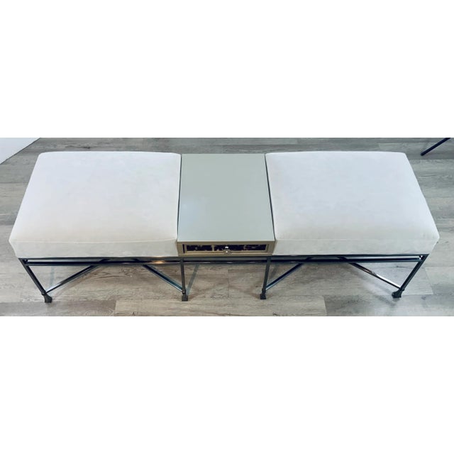 Original Retail $2253, stylish Caracole Modern You and Me Bench, gunmetal finished metal frame, silvery white velvet...