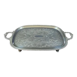 Vintage Mid 20th Century Baroque Style Silver Plate Serving Tray With Shell Motif & Handles and Feet