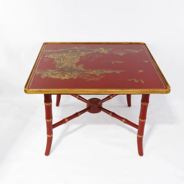 Pair of Vintage Chinoiserie Red Lacquer Side Tables With Faux Bamboo Legs For Sale - Image 4 of 18