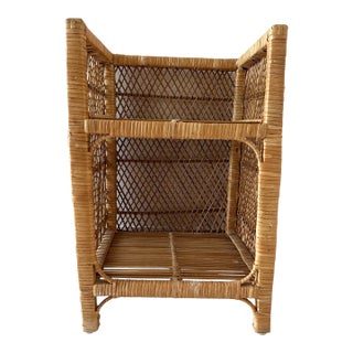 Vintage Wicker Rattan Two Tier Shelving Unit Etagere For Sale