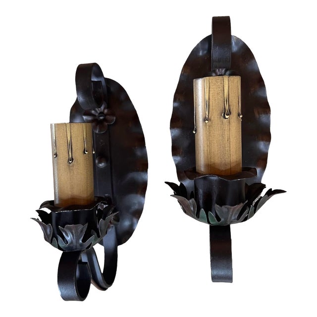 Pair of Iron and Original Paint Sconces in Piecrust Pattern Circa 1920 For Sale