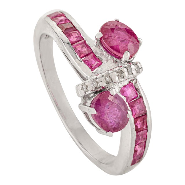 Exquisite Pure 925 Silver Ruby Bypass Ring With Diamond - Size 6 For Sale